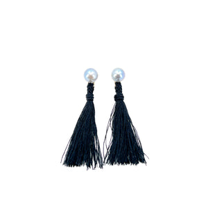 Kumihimo Braided Jet Black Natural Silk Tassel Pierced Earring Enhancer- 14K Yellow Gold 1 3/4 Inch