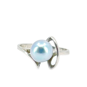 Modernist Japanese Saltwater Blue Akoya Cultured Pearl Ring- Sterling Silver Sz 5 3/4