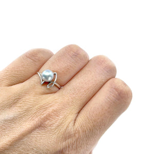Modernist Japanese Saltwater Blue Akoya Cultured Pearl Ring- Sterling Silver Sz 5 3/4