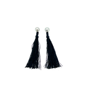 Kumihimo Braided Pure Black Natural Silk Tassel Boho Pierced Earring Enhancer- Sterling Silver 2 Inch