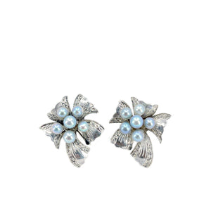 Ribbon Blue Akoya Saltwater Cultured Pearl Leaf Screwback Earrings- Sterling Silver