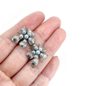 Ribbon Blue Akoya Saltwater Cultured Pearl Leaf Screwback Earrings- Sterling Silver
