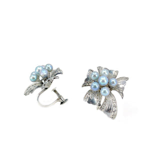 Ribbon Blue Akoya Saltwater Cultured Pearl Leaf Screwback Earrings- Sterling Silver