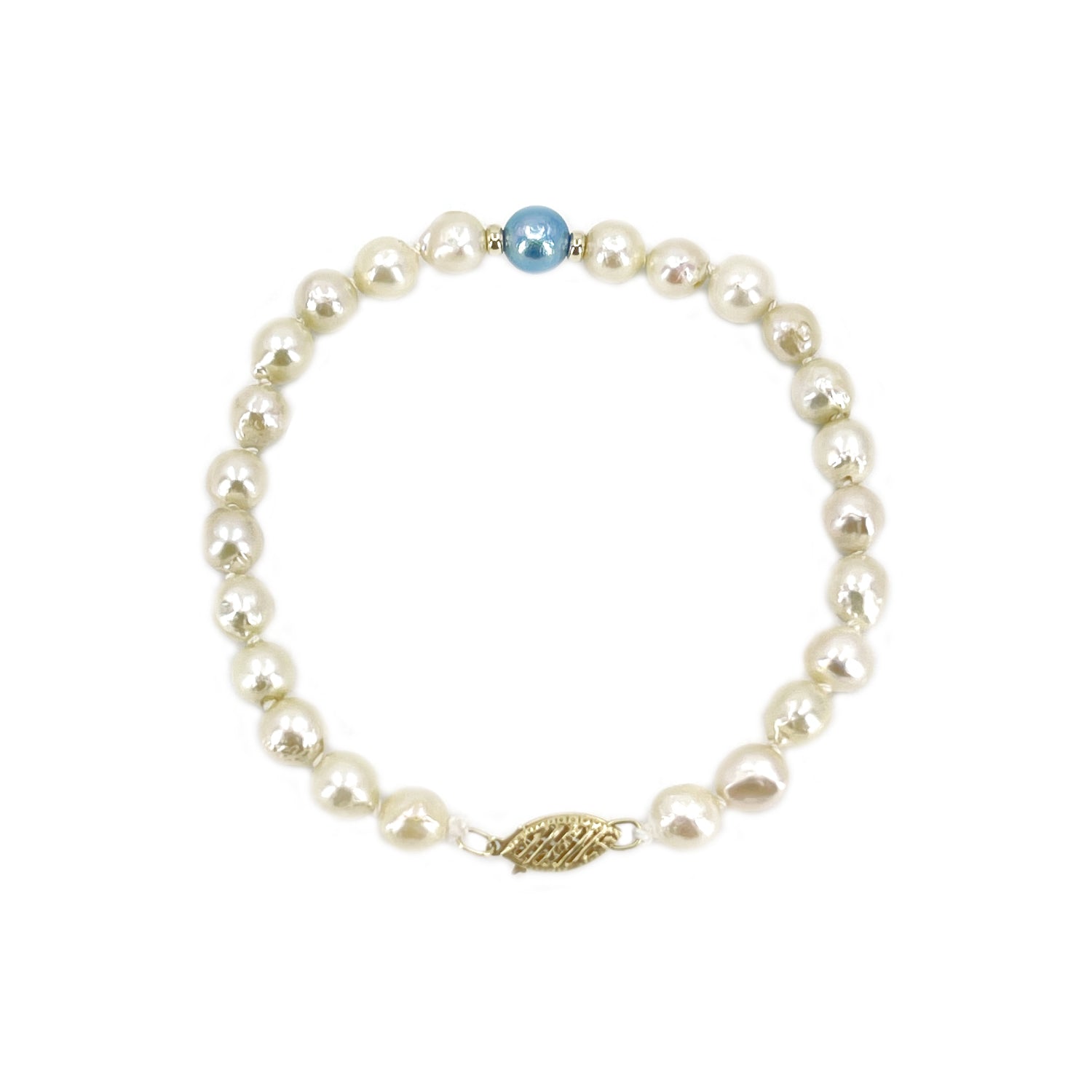 Two Tone Japanese White & Blue Saltwater Akoya Cultured Pearl Vintage Bracelet- 14K Yellow Gold