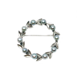 Wreath Circle Japanese Blue Akoya Pearl Brooch- Sterling Silver