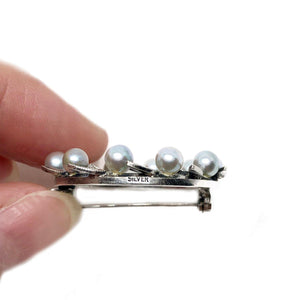 Wreath Circle Japanese Blue Akoya Pearl Brooch- Sterling Silver