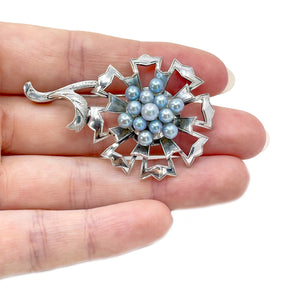 Nouveau Flower Blue Japanese Saltwater Akoya Cultured Pearl Vintage Brooch- Sterling Silver
