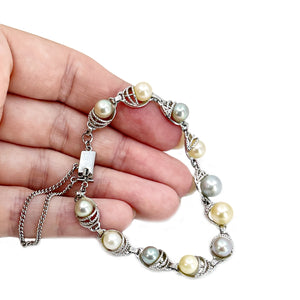 Blue & Gold Japanese Saltwater Akoya Cultured Pearl Vintage Bracelet- Sterling Silver