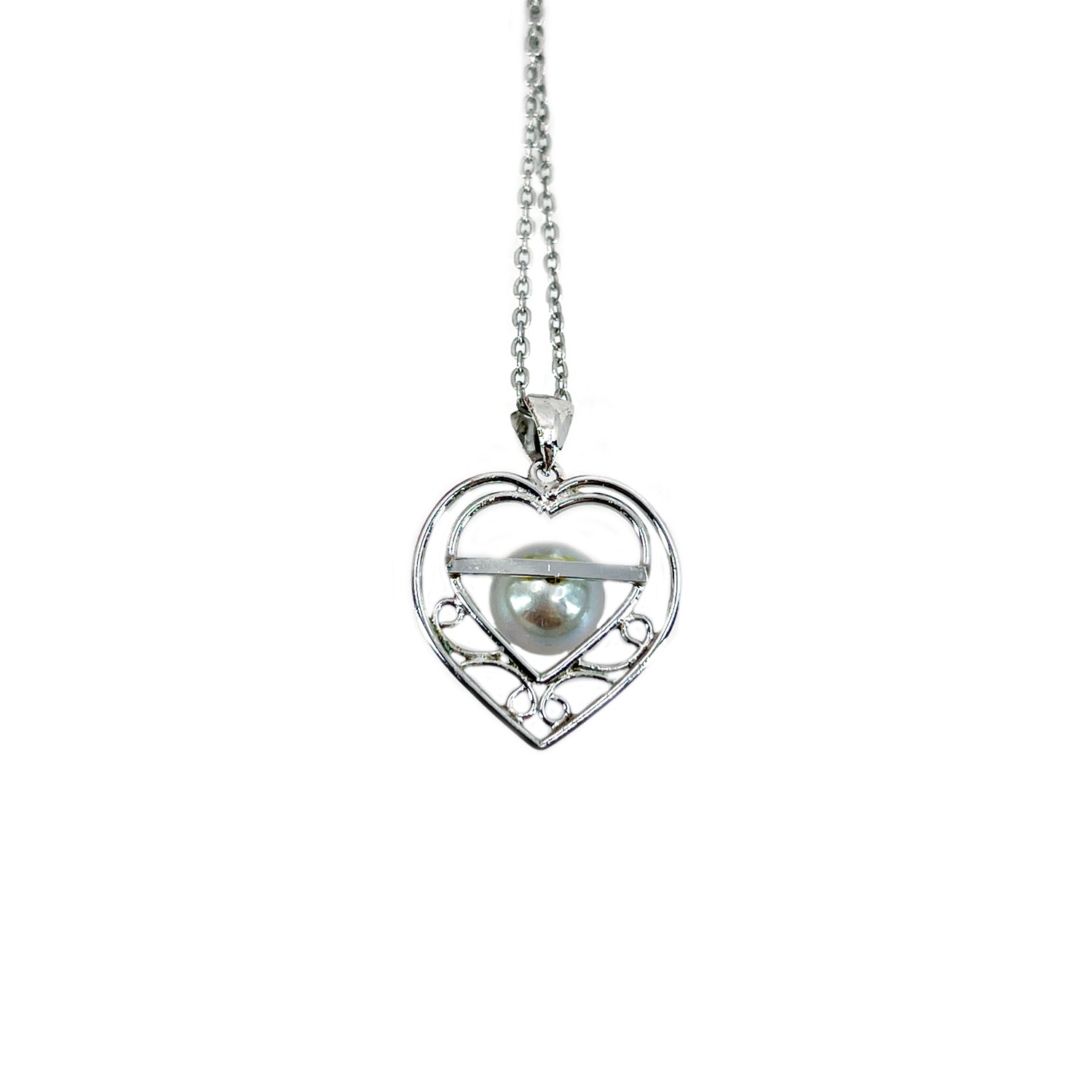 Heart Retro Vintage Blue Japanese Saltwater Akoya Pearl Necklace- Sterling Silver 18 Inch