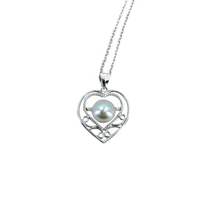 Heart Retro Vintage Blue Japanese Saltwater Akoya Pearl Necklace- Sterling Silver 18 Inch