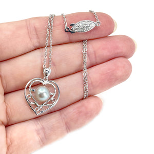 Heart Retro Vintage Blue Japanese Saltwater Akoya Pearl Necklace- Sterling Silver 18 Inch