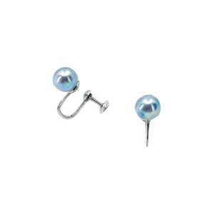 Blue Solitaire Japanese Akoya Saltwater Cultured Pearl Vintage Screwback Earrings- Sterling Silver