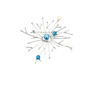 Galaxy Mid Century Burst Blue Japanese Saltwater Akoya Cultured Pearl Handmade Brooch- Sterling Silver