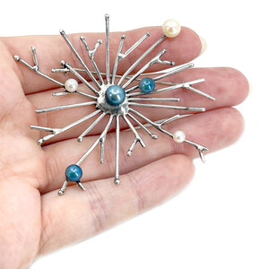 Galaxy Mid Century Burst Blue Japanese Saltwater Akoya Cultured Pearl Handmade Brooch- Sterling Silver