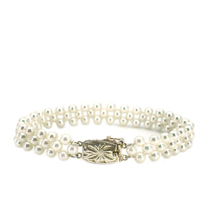Braided Japanese Engraved Saltwater Akoya Cultured Pearl Bracelet- Sterling Silver