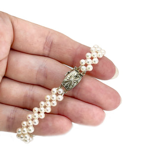 Braided Japanese Engraved Saltwater Akoya Cultured Pearl Bracelet- Sterling Silver