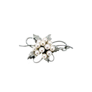 Vintage Botanical Braided Leaf Japanese Saltwater Akoya Cultured Pearl Brooch- Sterling Silver