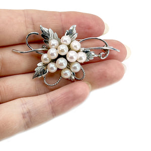 Vintage Botanical Braided Leaf Japanese Saltwater Akoya Cultured Pearl Brooch- Sterling Silver