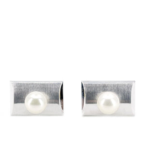 Brushed Retro Rectangle Mid Century Modern Japanese Akoya Pearl Cufflinks- Sterling Silver