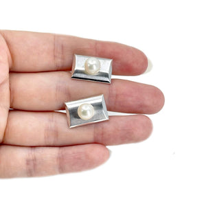 Brushed Retro Rectangle Mid Century Modern Japanese Akoya Pearl Cufflinks- Sterling Silver