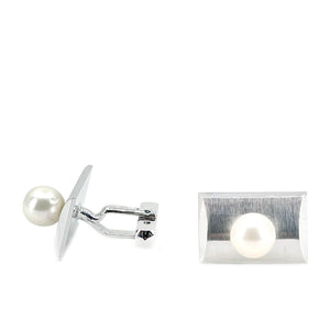 Brushed Retro Rectangle Mid Century Modern Japanese Akoya Pearl Cufflinks- Sterling Silver