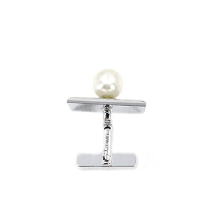 Brushed Retro Rectangle Mid Century Modern Japanese Akoya Pearl Cufflinks- Sterling Silver