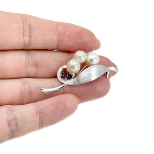 Brushed Leaf Modernist Japanese Saltwater Akoya Cultured Pearl Brooch- Sterling Silver