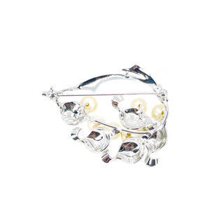 Mid Century Brushed Leaves Japanese Saltwater Akoya Cultured Pearl Brooch- Sterling Silver