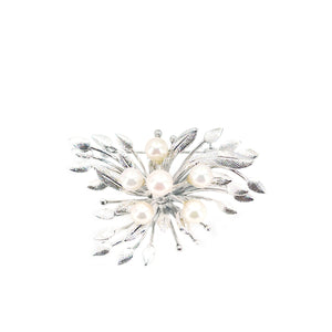 Cluster Leaves Brushed Japanese Saltwater Akoya Cultured Pearl Brooch- Sterling Silver