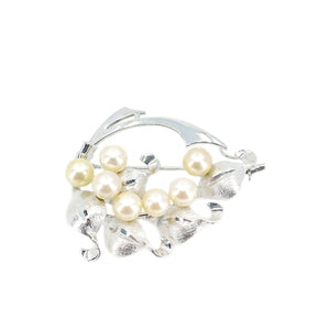 Mid Century Brushed Leaves Japanese Saltwater Akoya Cultured Pearl Brooch- Sterling Silver