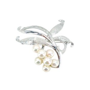Mid Century Boho Brushed Japanese Saltwater Akoya Vintage Cultured Pearl Brooch- Sterling Silver