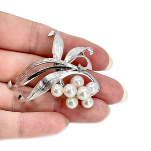 Mid Century Boho Brushed Japanese Saltwater Akoya Vintage Cultured Pearl Brooch- Sterling Silver