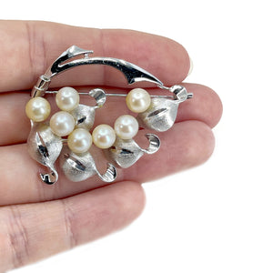 Mid Century Brushed Leaves Japanese Saltwater Akoya Cultured Pearl Brooch- Sterling Silver