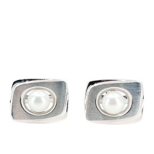 Brushed Retro  Mid Century Modern Japanese Akoya Pearl Cufflinks- Sterling Silver