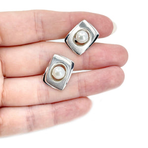Brushed Retro  Mid Century Modern Japanese Akoya Pearl Cufflinks- Sterling Silver