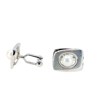 Brushed Retro  Mid Century Modern Japanese Akoya Pearl Cufflinks- Sterling Silver