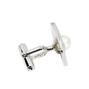 Brushed Retro  Mid Century Modern Japanese Akoya Pearl Cufflinks- Sterling Silver