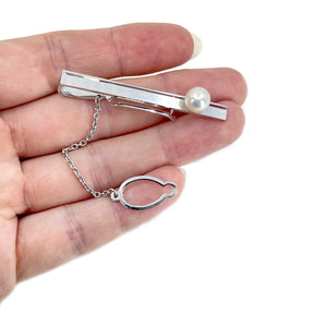 Vintage Brushed Mid Century Modern Men's Japanese Saltwater Akoya Cultured Pearl Tie Bar- Sterling Silver