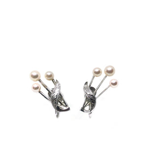 Spray Leaf Engraved Akoya Saltwater Cultured Pearl Screwback Earrings- Sterling Silver