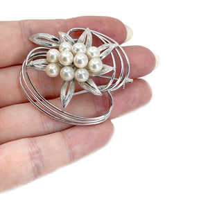 Atomic Age Mid Century Japanese Saltwater Akoya Vintage Cultured Pearl Brooch- Sterling Silver