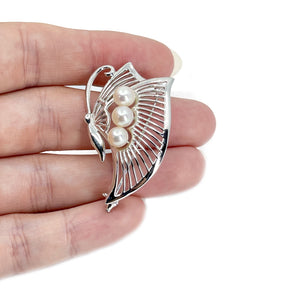 Modern Japanese Saltwater Akoya Cultured Pearl Butterfly Brooch Pendant- Sterling Silver