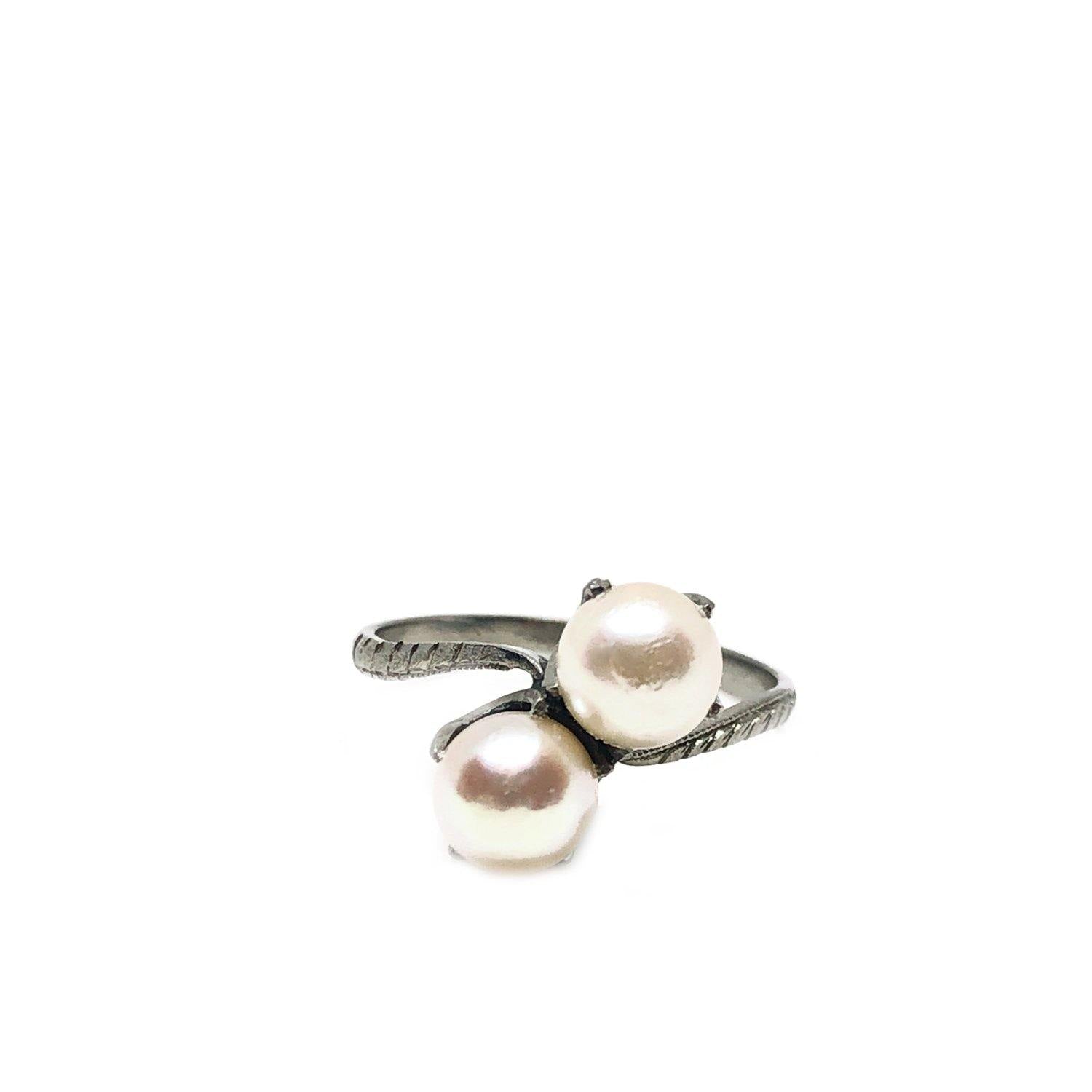 Claw Prong Bypass Japanese Saltwater Cultured Akoya Pearl Ring- Sterling Silver Sz 6 1/2