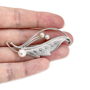 Curtis Creations Designer Vintage Japanese Saltwater Cultured Akoya Pearl Leaf Brooch- Sterling Silver