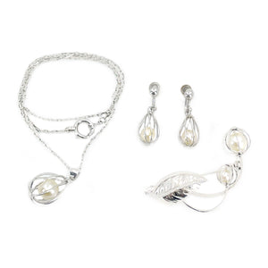 Cadge Leaf Japanese Saltwater Akoya Pearl Pendant, Earrings, Brooch Set- Sterling Silver
