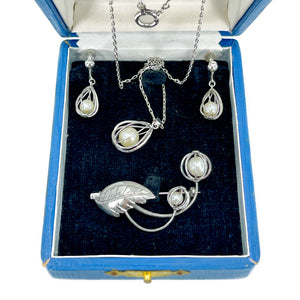 Cadge Leaf Japanese Saltwater Akoya Pearl Pendant, Earrings, Brooch Set- Sterling Silver
