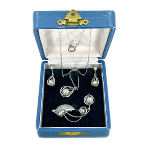 Cadge Leaf Japanese Saltwater Akoya Pearl Pendant, Earrings, Brooch Set- Sterling Silver