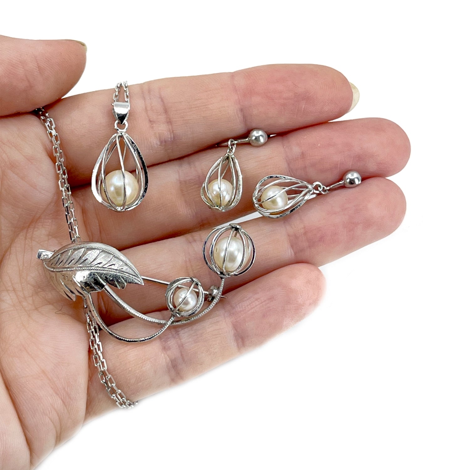 Cadge Leaf Japanese Saltwater Akoya Pearl Pendant, Earrings, Brooch Set- Sterling Silver