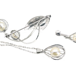 Cadge Leaf Japanese Saltwater Akoya Pearl Pendant, Earrings, Brooch Set- Sterling Silver
