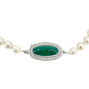 Mid-Century Chrysoprase Japanese Saltwater Cultured Akoya Pearl Vintage Choker Necklace - Sterling Silver 16.25 Inch