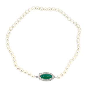 Mid-Century Chrysoprase Japanese Saltwater Cultured Akoya Pearl Vintage Choker Necklace - Sterling Silver 16.25 Inch
